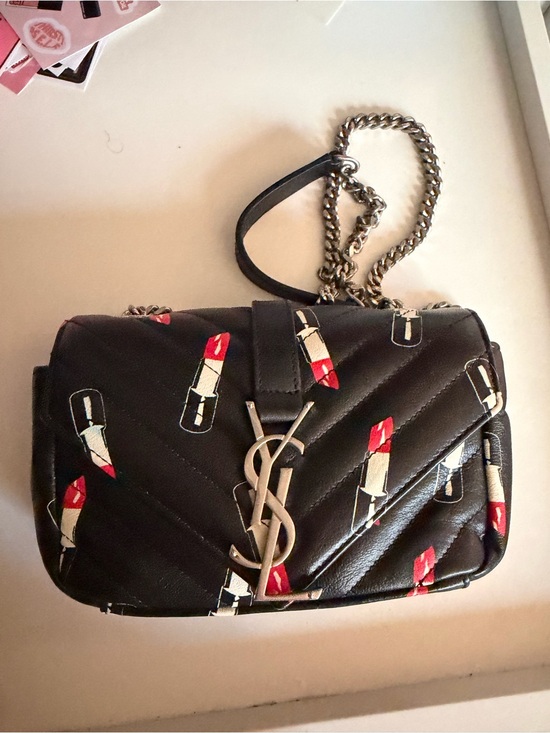 Yves Saint Laurent Handbags - Yves Saint Laurent Black Quilted Shoulder Bag with Red Lipstick Motif